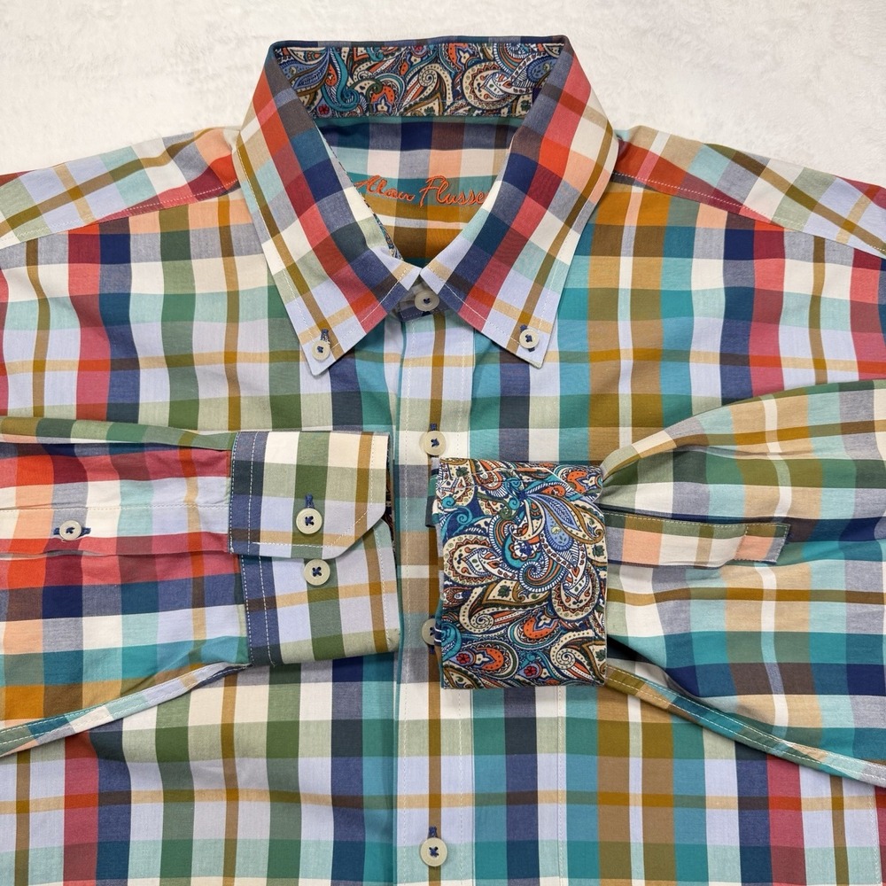 Alan Flusser Button-Down Shirt Plaid Multicolor Medium Long Sleeve Paisley
